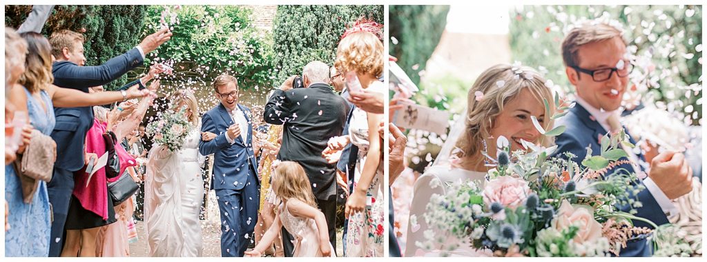 Chiddingstone Castle Wedding Exit Flowers Confetti - Mikaella Bridal - Sara Gabriel Veils - Johnnys Little Sister Florist - Sam Areman Photo
